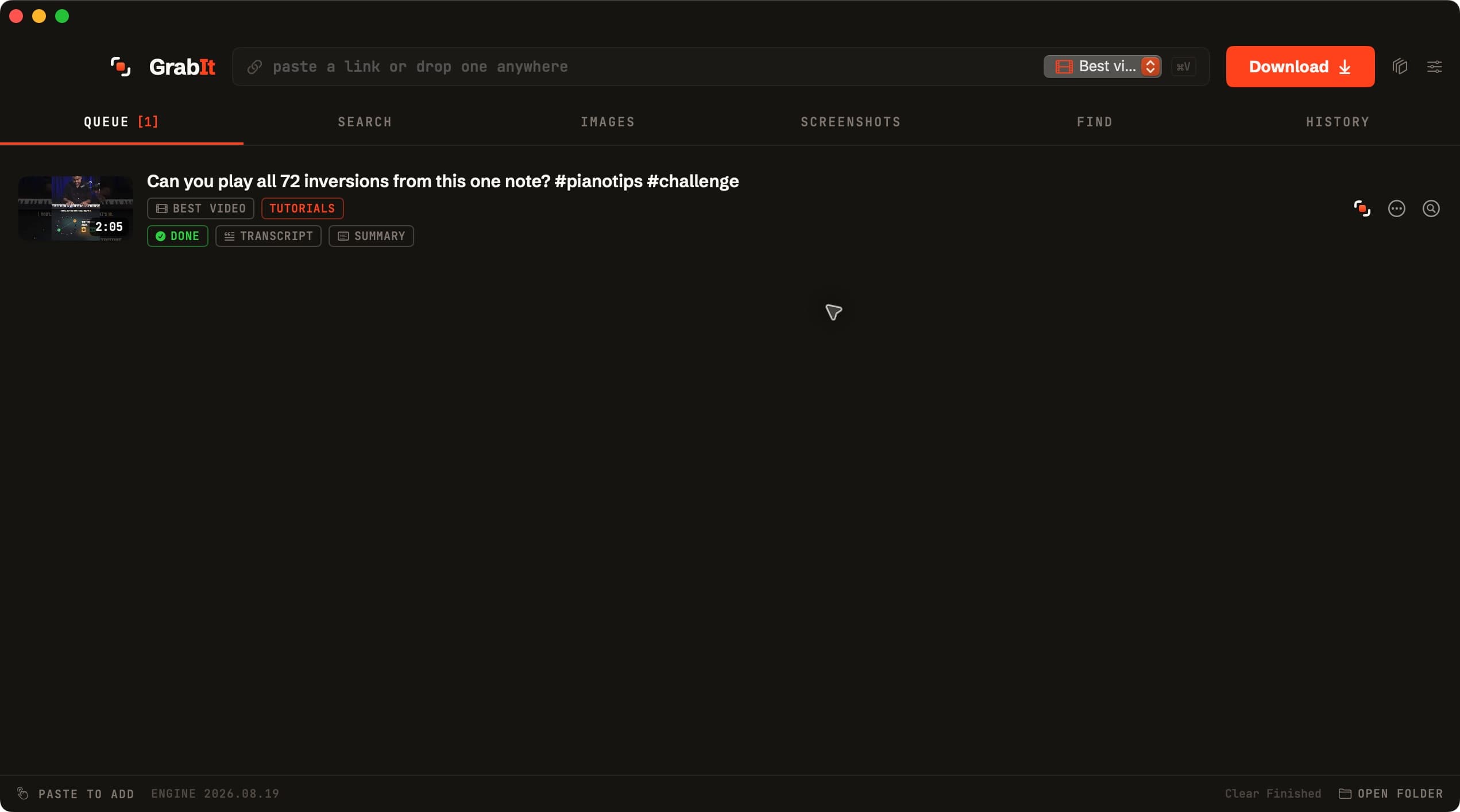 GrabIt showing a completed Nathaniel School of Music lesson download with transcript and summary files