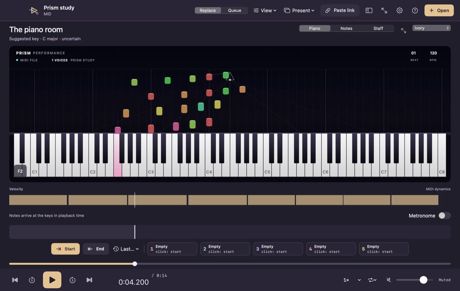 Prism’s spectral MIDI piano with colored falling notes, illuminated keys and playback controls
