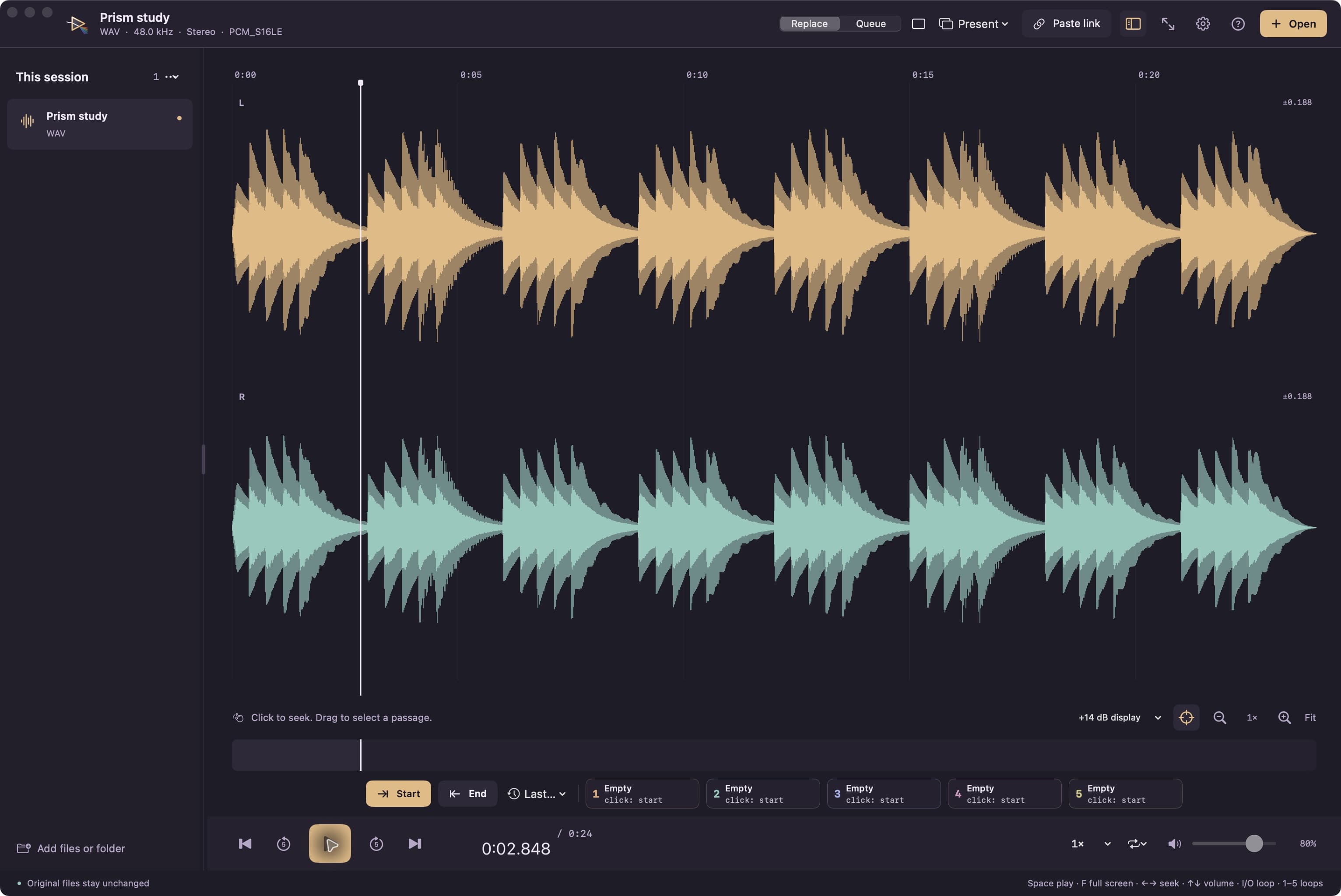 Prism 1.0.2 studio candidate playing its built-in study sample