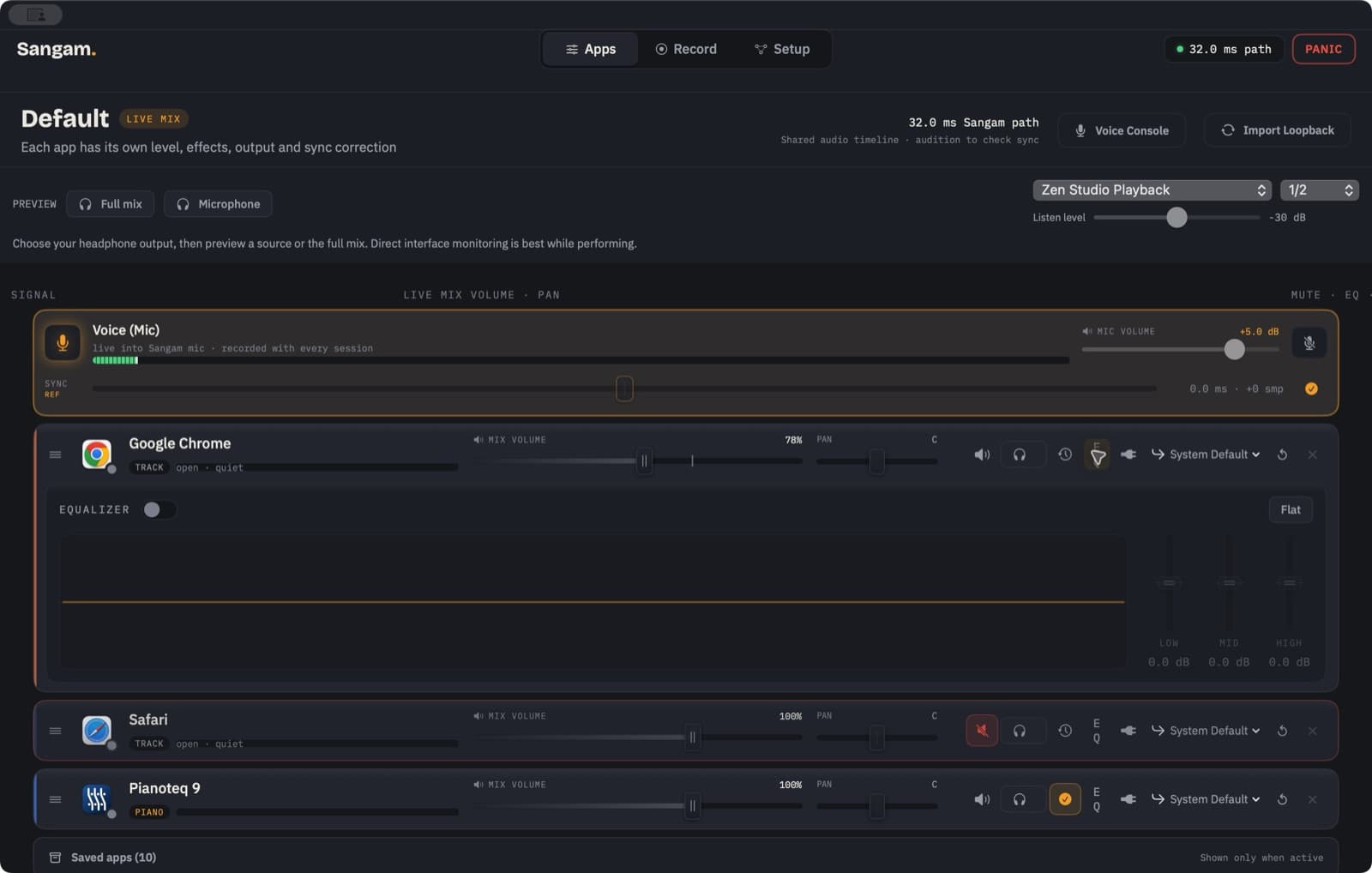 Sangam's Chrome source with its EQ panel open